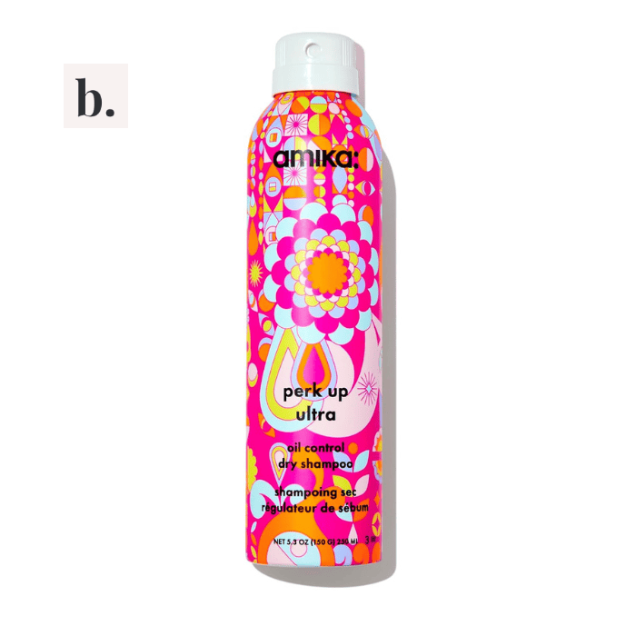 amika Perk Up Ultra Oil Control Dry Shampoo 2 Colorful bottle of Amika Perk Up Ultra Oil Control Dry Shampoo with vibrant floral design.