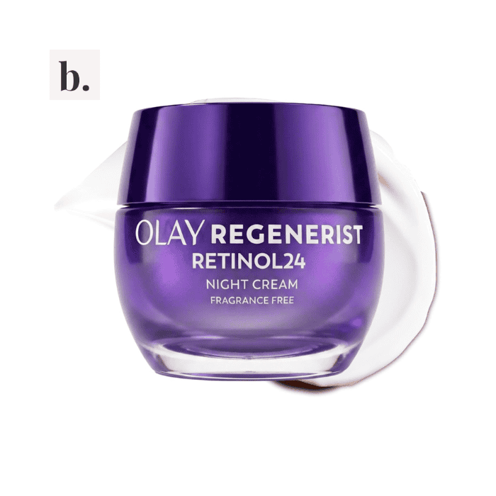 Olay Regenerist Retinol24 Night Moisturizer 2 Olay Regenerist Retinol24 Night Cream in purple jar with white background.