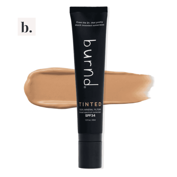 burnd Tinted SPF 34 2 Burnd Tinted SPF 34 sunscreen tube with swatch behind it.