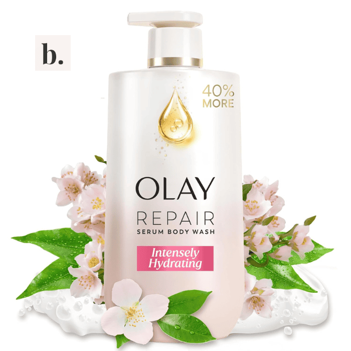 Olay Intensely Hydrating Body Wash with Hyaluronic Serum Complex 2 Olay Repair body wash with hyaluronic serum complex and floral background.