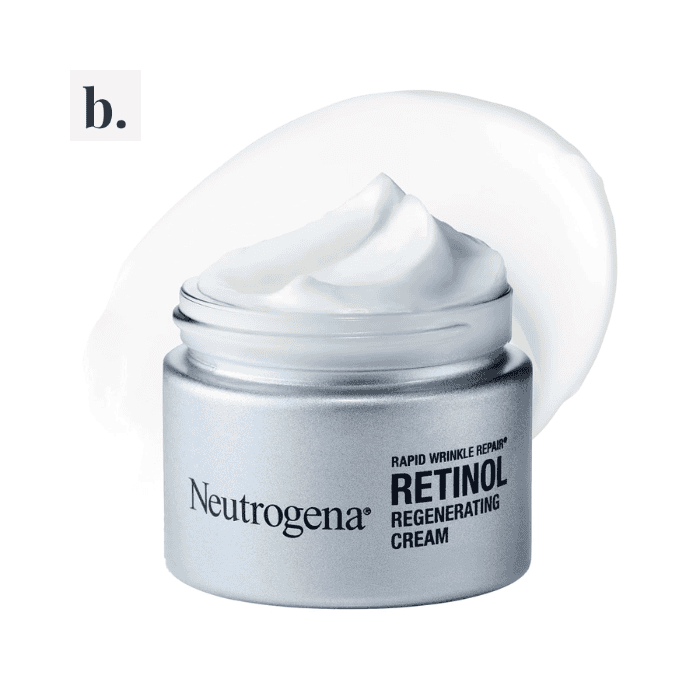 Neutrogena Rapid Wrinkle Repair Retinol Regenerating Cream 2 Neutrogena Retinol Regenerating Cream in silver jar with cream.