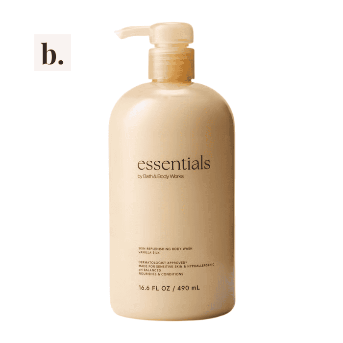 Bath & Body Works Vanilla Silk Skin Replenishing Body Wash 2 Vanilla Silk Skin Replenishing Body Wash in beige pump bottle.