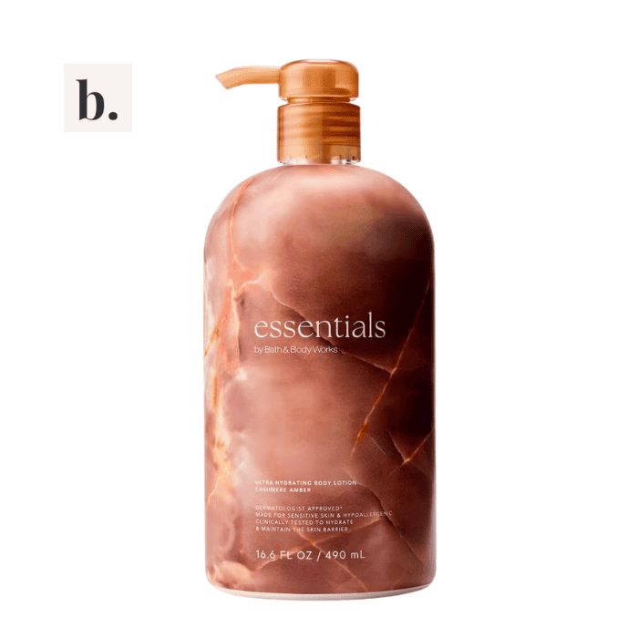 Bath & Body Works Cashmere Amber Ultra Hydrating Body Lotion 2 Cashmere Amber body lotion bottle with marble design and pump dispenser.