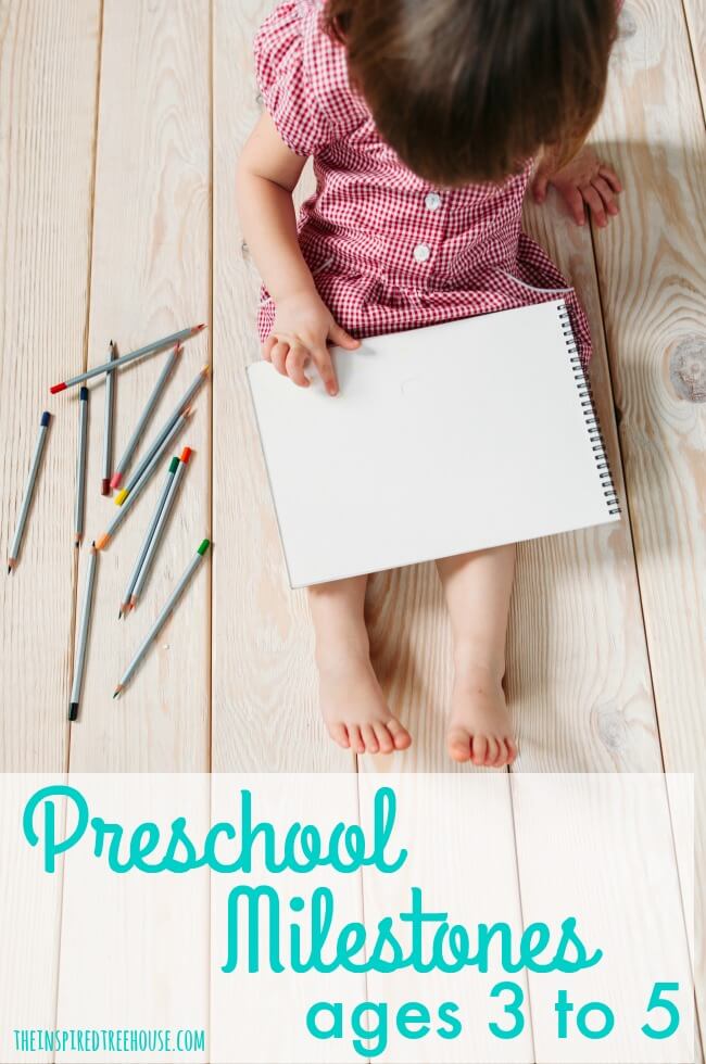 Child sitting on floor with text about learning more about 3 to 5 year old milestones.