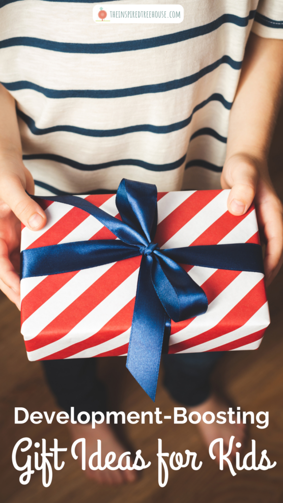 Child holding gift box, Text reads: Development-boosting gift ideas for kids