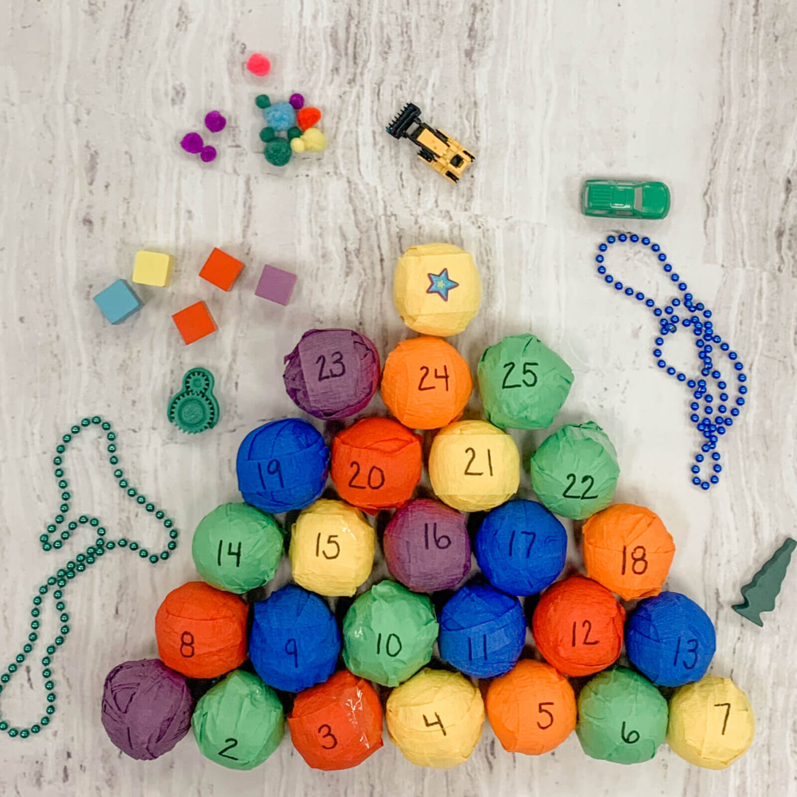 Colorful wrapped gifts for easy fine motor advent calendar