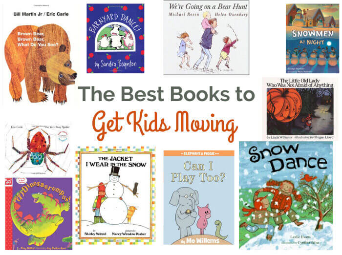 Covers of movement books for kids that encourage gross motor actions. Text reads "The Best Books to Get Kids Moving All Year Long"