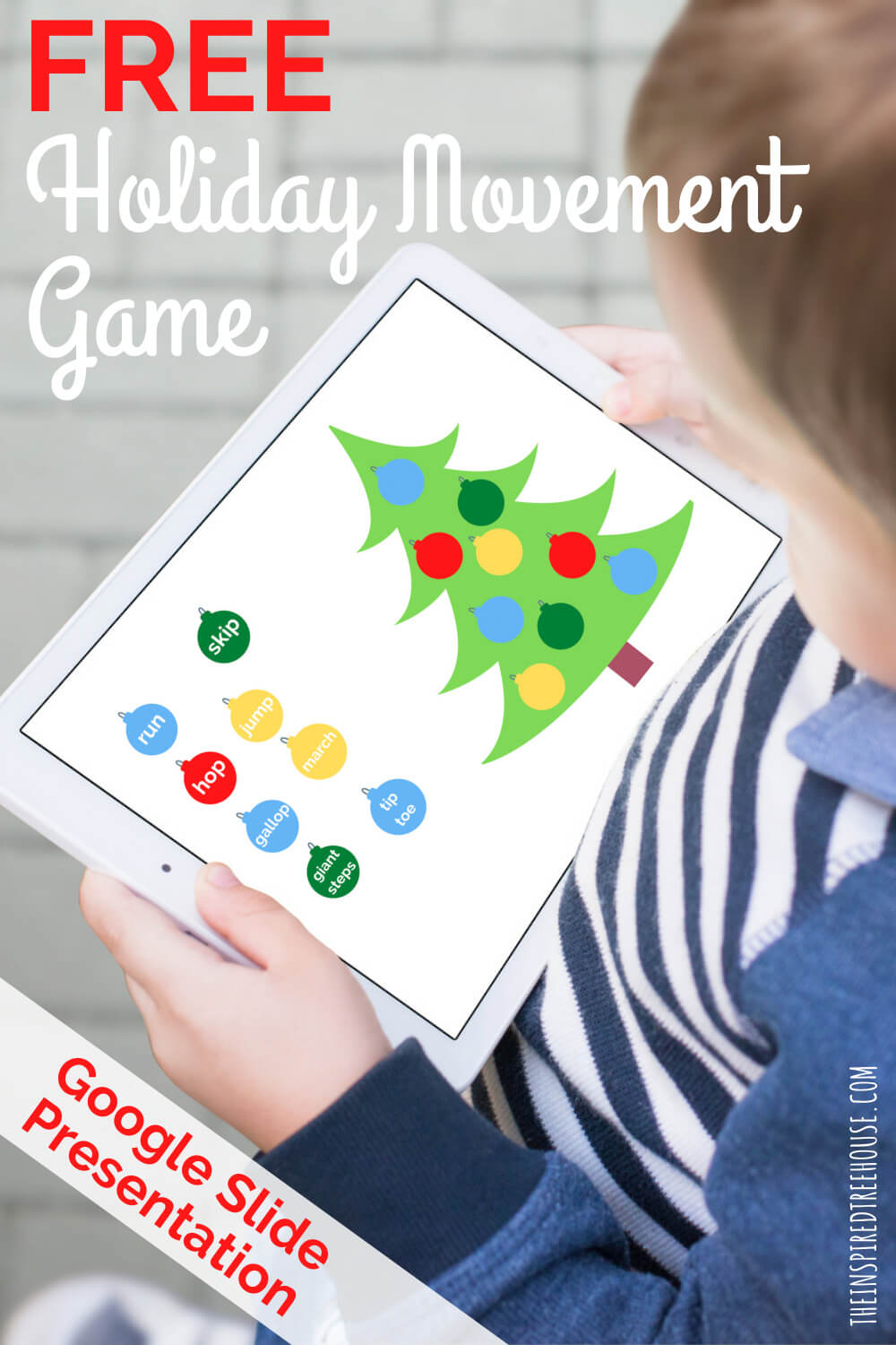 child holding tablet with christmas movement game on screen