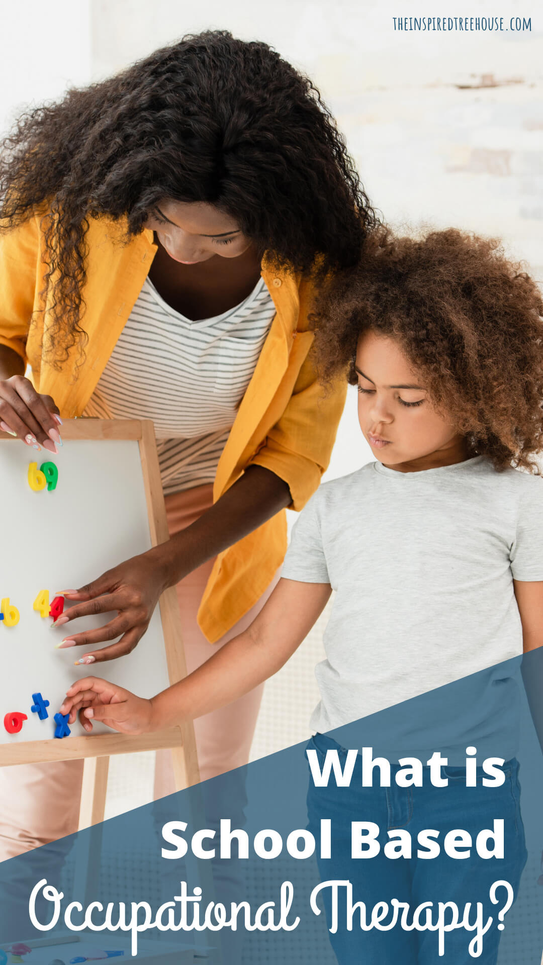 School based occupational therapist assisting child with moving magnets on an easel