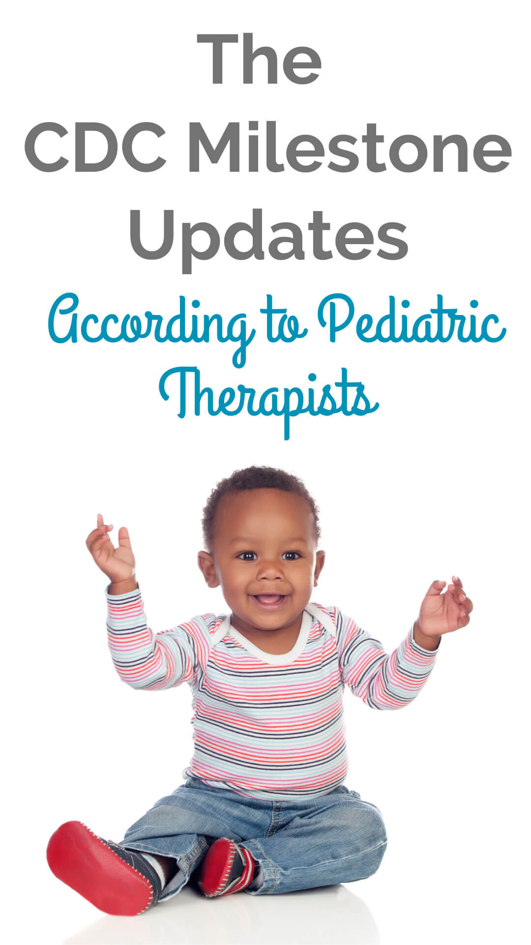 Baby sitting and smiling with text: The CDC Milestone Updates According to Pediatric therapists