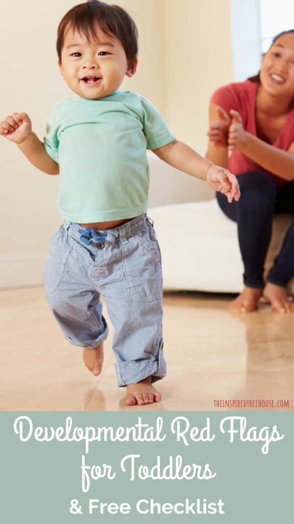 Child walking and demonstrating 12 to 18 month old milestones with text about 12 to 18 month old milestones red flags.
