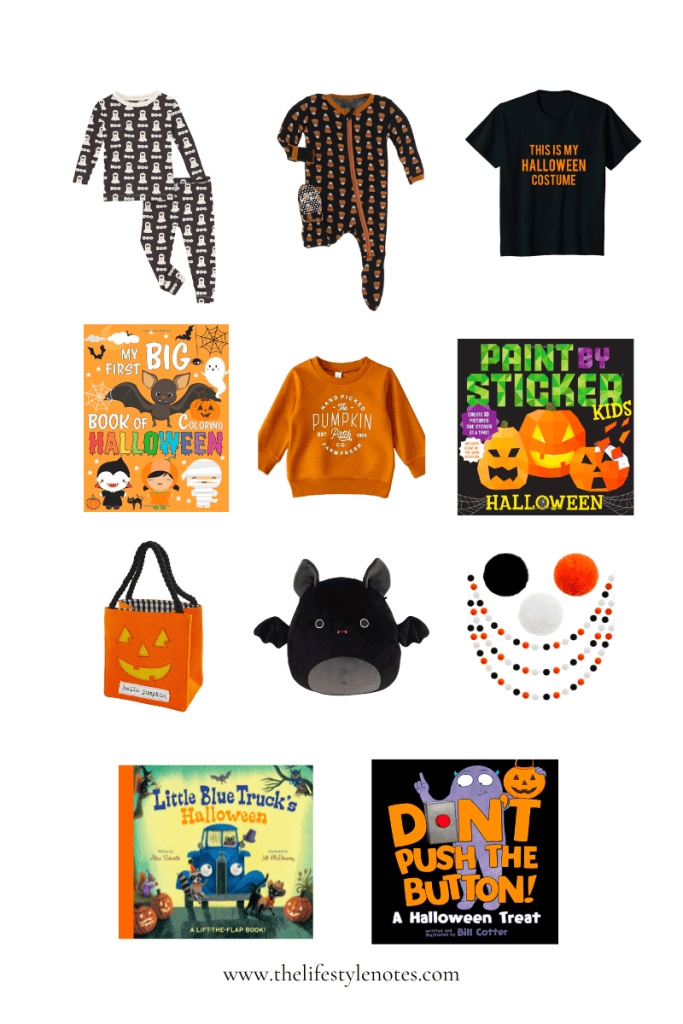 Halloween pajamas, Halloween t-shirt, coloring book, paint-by-sticker book, toddler sweatshirt, treat bag, black squishmallow, garland.