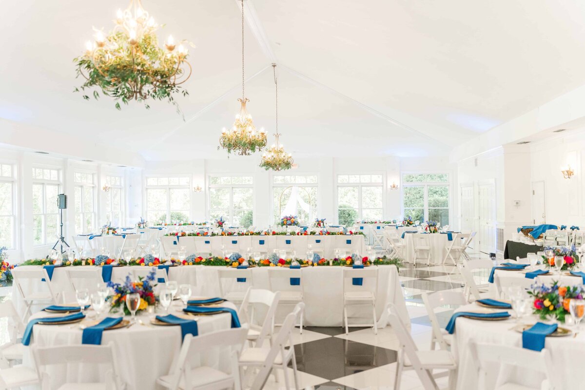 The formal ballroom at The Grande Victorian prepared for a wedding celebration