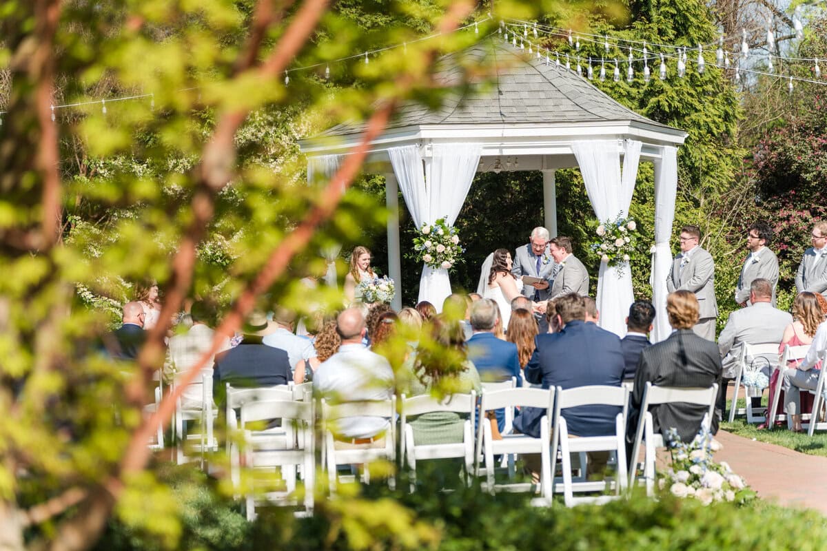 Spring garden wedding ceremony at Alexander Homestead white gazebo Charlotte NC