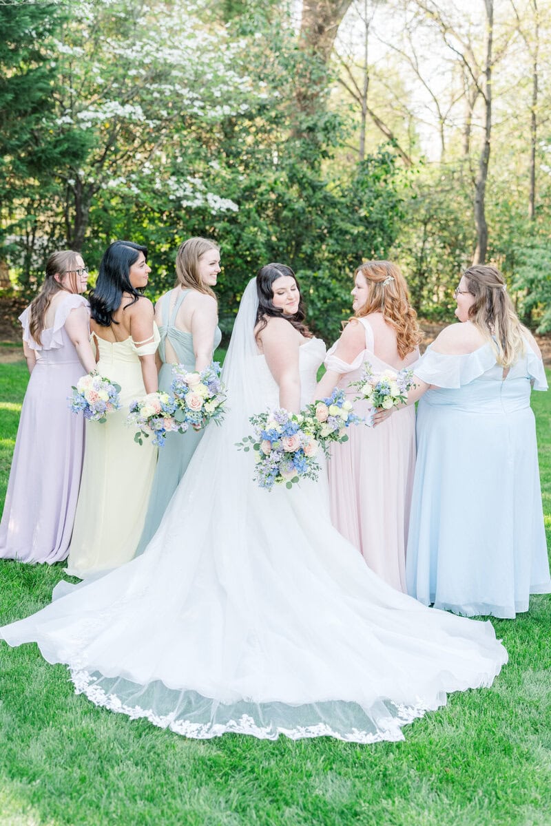 Bridal party pictures with stunning bride at the springtime at Alexander Homestead