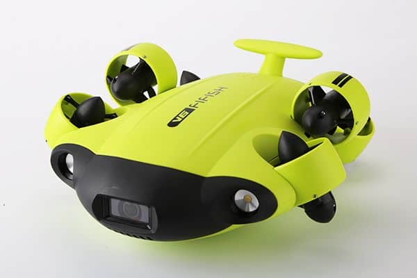 Commercial fishing industry publication: yellow underwater drone with 6 thrusters and 4K camera for海.