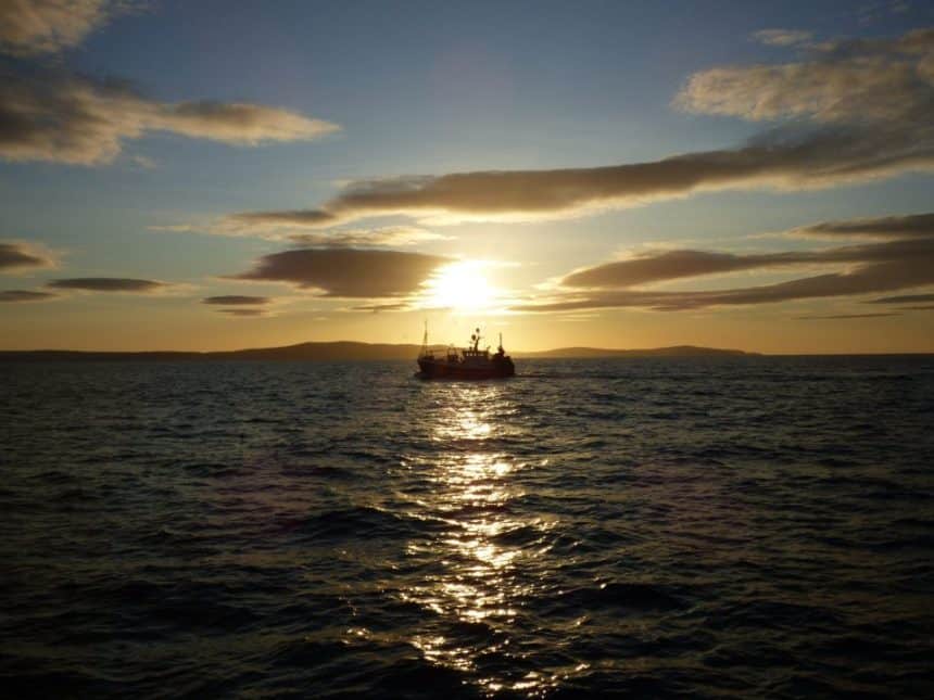 Fishing vessel at sea during sunset in a commercial fishing industry setting.