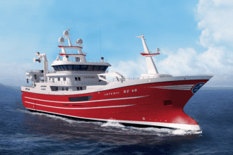 Commercial fishing vessel Artemis, a fishing boat with gear and industry equipment, sailing at sea.