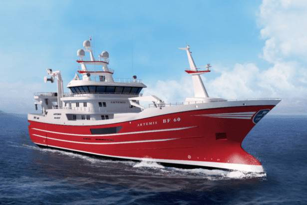 Commercial fishing vessel Artemis, a fishing boat with gear and industry equipment, sailing at sea.