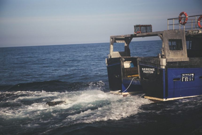 Fishing vessel in open sea, commercial fishing gear, industry equipment, industry context, industry.