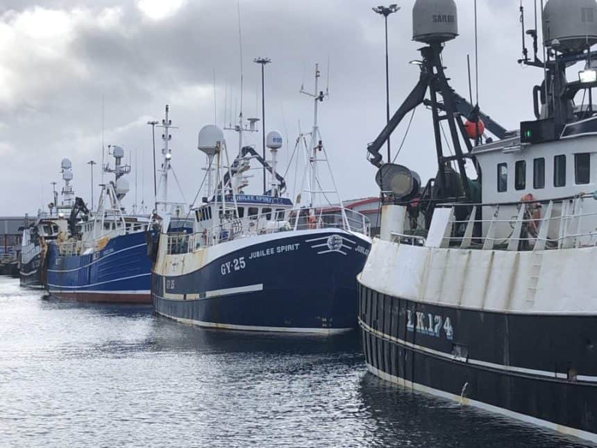 Commercial fishing vessels docked at port with gear and industry equipment visible in a fishing port.