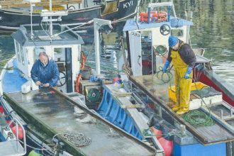 Fishing vessels at port with gear and crew, commercial fishing industry publication, UK.