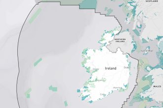 Commercial fishing vessels near Irish ports in a marine protected area map, industry equipment focus.
