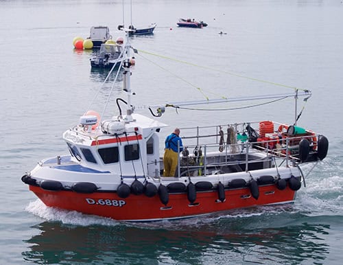 Commercial fishing vessel with crew on deck, industry gear, in port setting, October 2020.