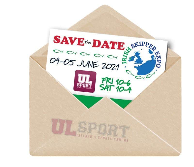 Promotional flyer for Irish Skipper Expo 2021 with fishing vessel logo and event details in a brown.