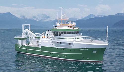 Commercial fishing vessel Tom Crean in port with mountains in background, industry equipment visible.