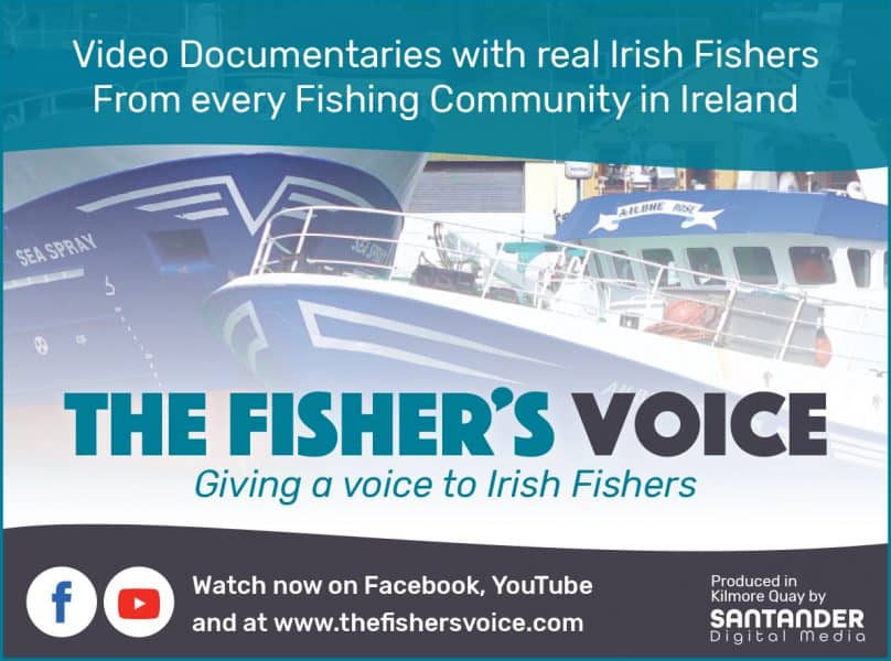 Irish fishing vessels with gear and industry equipment in a commercial port setting, promoting the F.