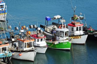 Fishing vessels docked at port with gear and equipment for commercial fishing industry.