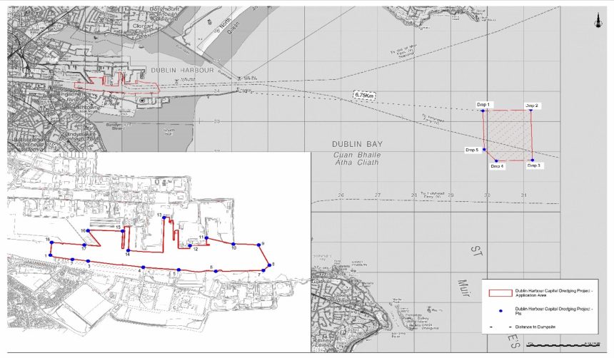 Map of Dublin Bay showing fishing vessel routes and industry infrastructure for commercial fishing.