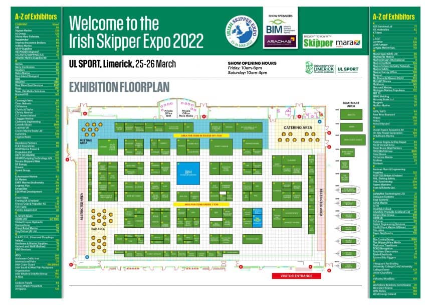 Exhibition floorplan of Irish fishing vessels at the Irish Skipper Expo 2022 in Limerick, showcasing.