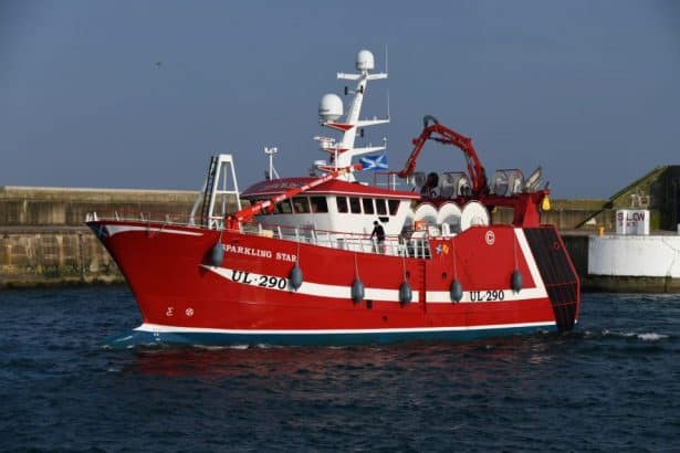Commercial fishing vessel Sparkling Star at port, industry equipment visible, industry publication.