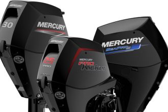 Commercial fishing vessels with Mercury outboard engines at port, industry equipment, and gear in a.