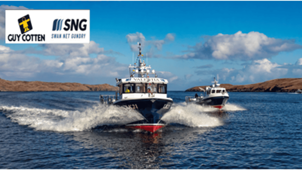 Commercial fishing vessels navigating open waters near port, industry equipment visible.