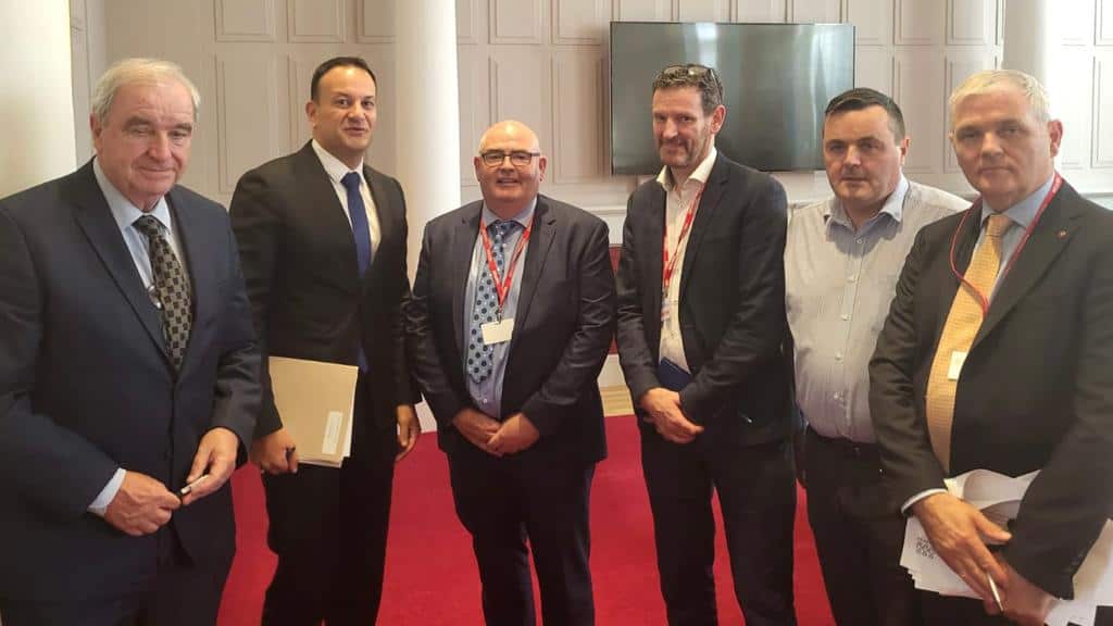 Michael Treacy, EU Advisor to the IFPO and IFPEA; An Taoiseach, Leo Varadkar; Manus Boyle of Killybegs Stevedoring; Colm Markey MEP (FG); Brendan Byrne, CEO of the Irish Fish Processors and Exporters Association (IFPEA); and Aodh O Donnell, CEO of the Irish Fish Producers Organisation (IFPO);