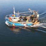 Commercial fishing vessel operating in open water with gear and industry equipment visible.