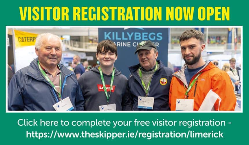 Commercial fishing industry publication: Fishermen at Irish Skipper Expo 2025 with industry gear and.