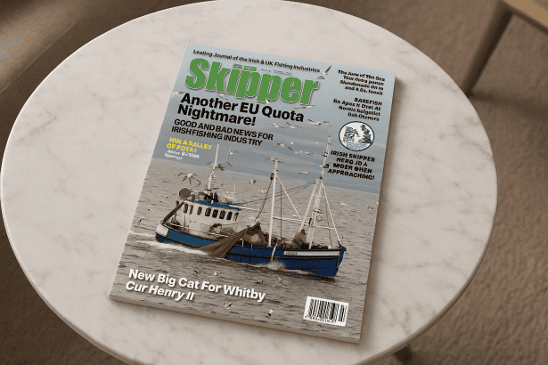 Fishing vessel on water with gear, industry equipment, commercial fishing context, industry magazine.