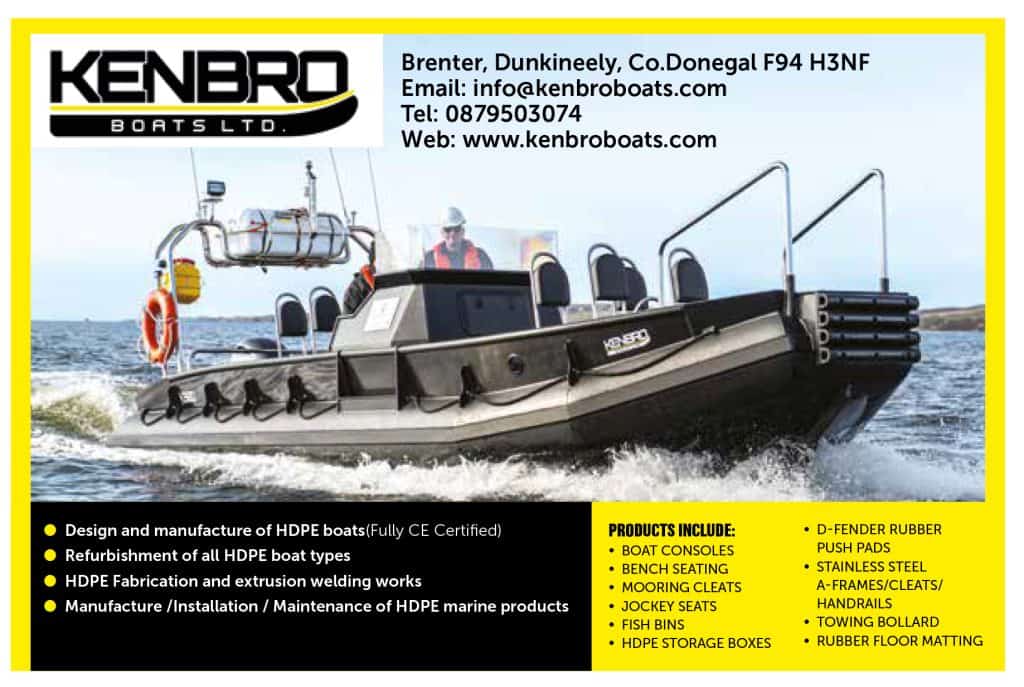 Commercial fishing vessel from Kenbro Boats with crew, gear, and industry equipment in open water.