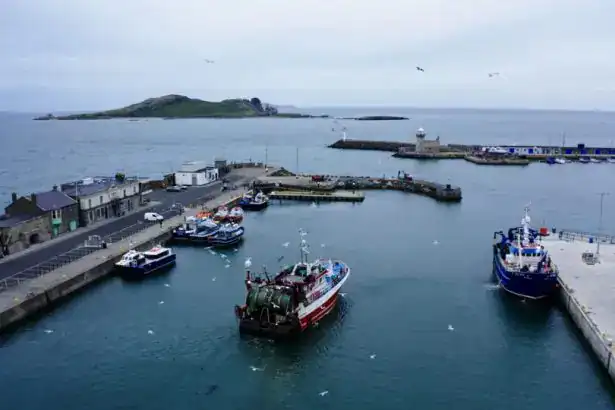 Fishing vessels docked at Howth Harbour, Ireland, with industry equipment and gear visible.