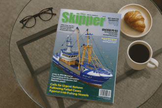 The Skipper magazine cover featuring a fishing vessel with industry gear in a port setting.
