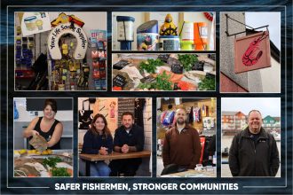 Fishing industry safety campaign display with gear, seafood, and crew members at a port.,.