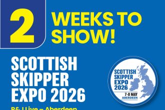 Commercial fishing vessels at port preparing gear for upcoming Scottish Skipper Expo 2026.