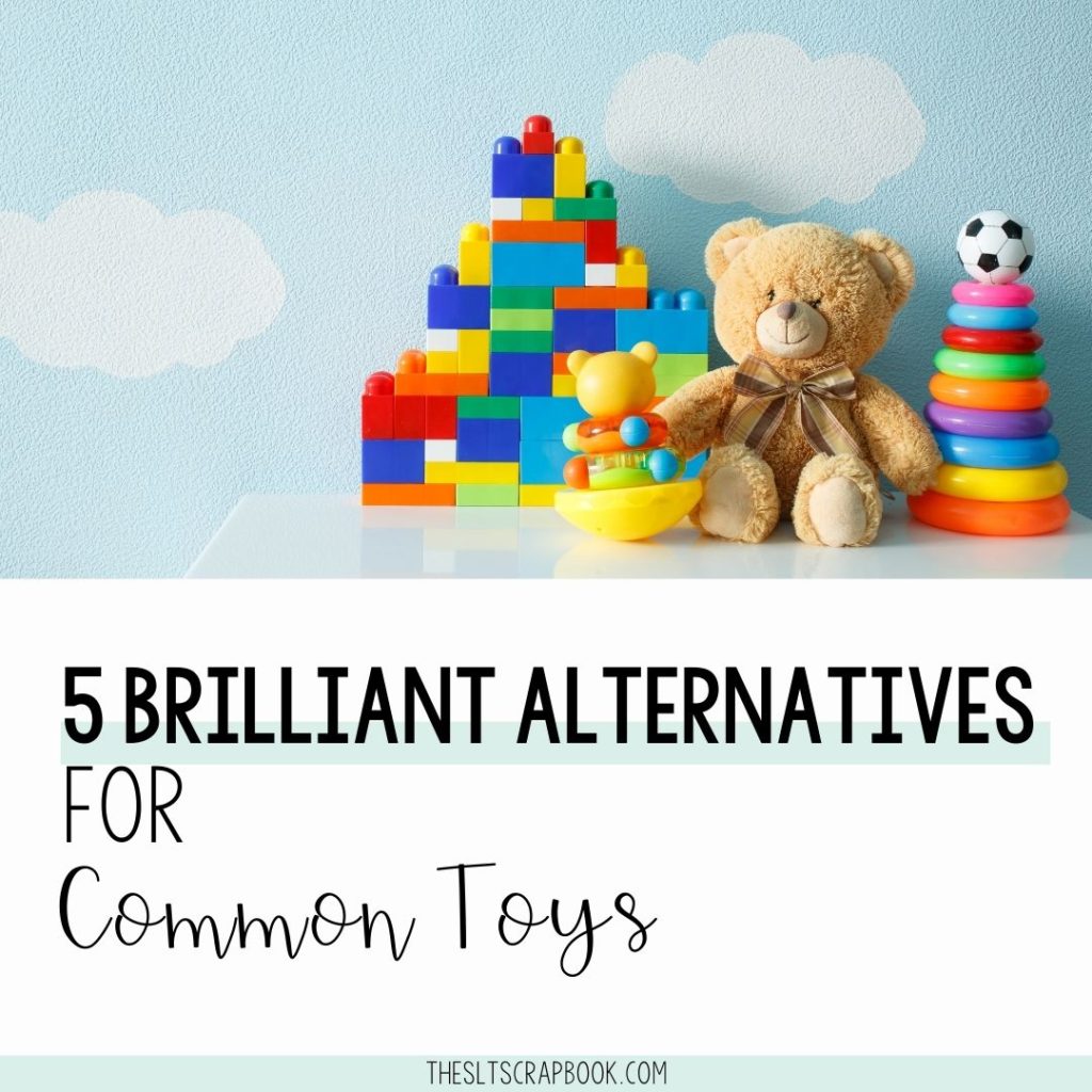 Picture of a pile of toys against a blue background. The text reads "5 brilliant alternatives for common toys".