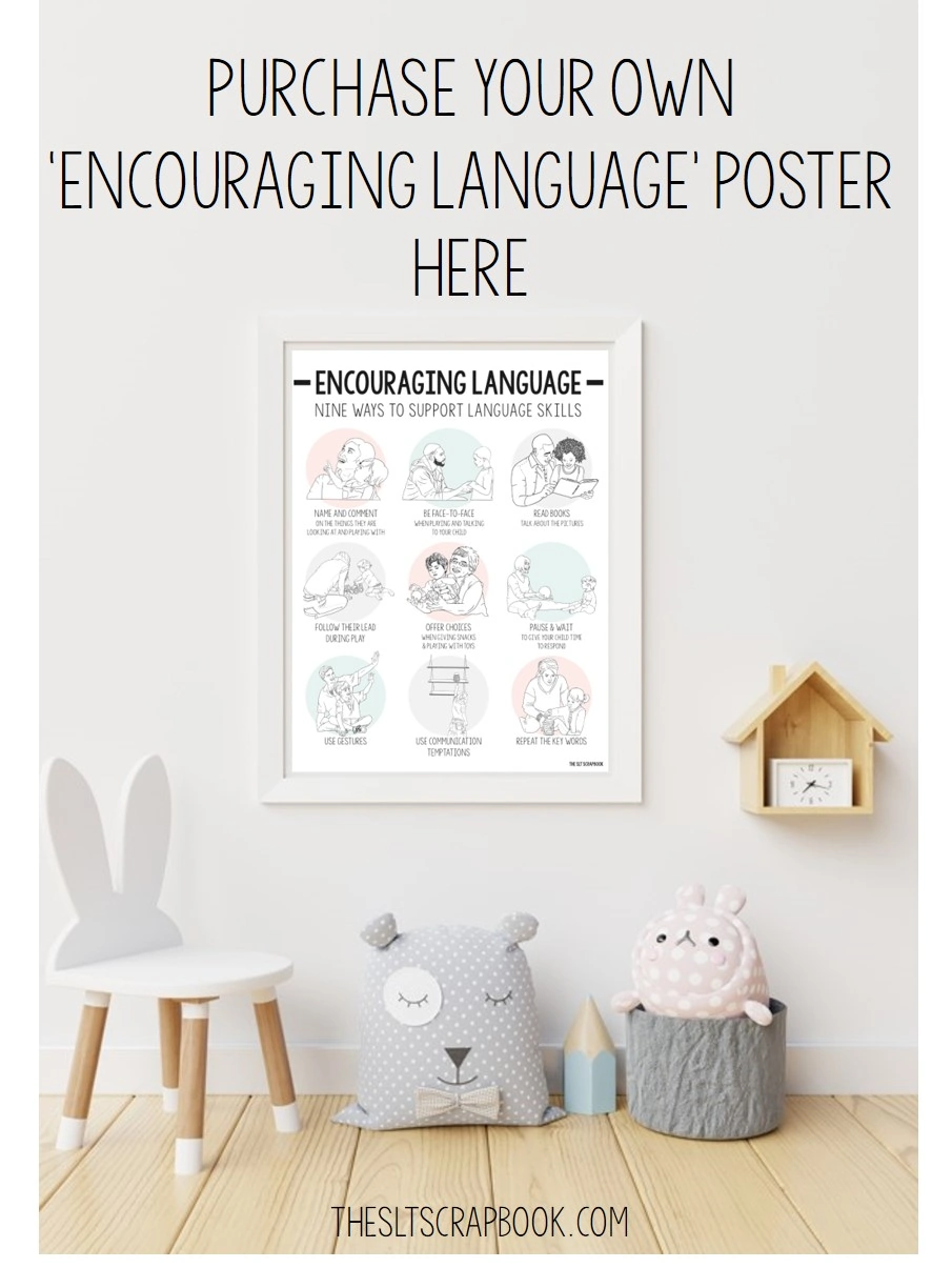 Picture of a friendly and appealing therapy room with a poster on the wall. The poster shows 9 ways to encourage early language. The text above reads "Purcahse your own 'Encouraging Language' poster here.