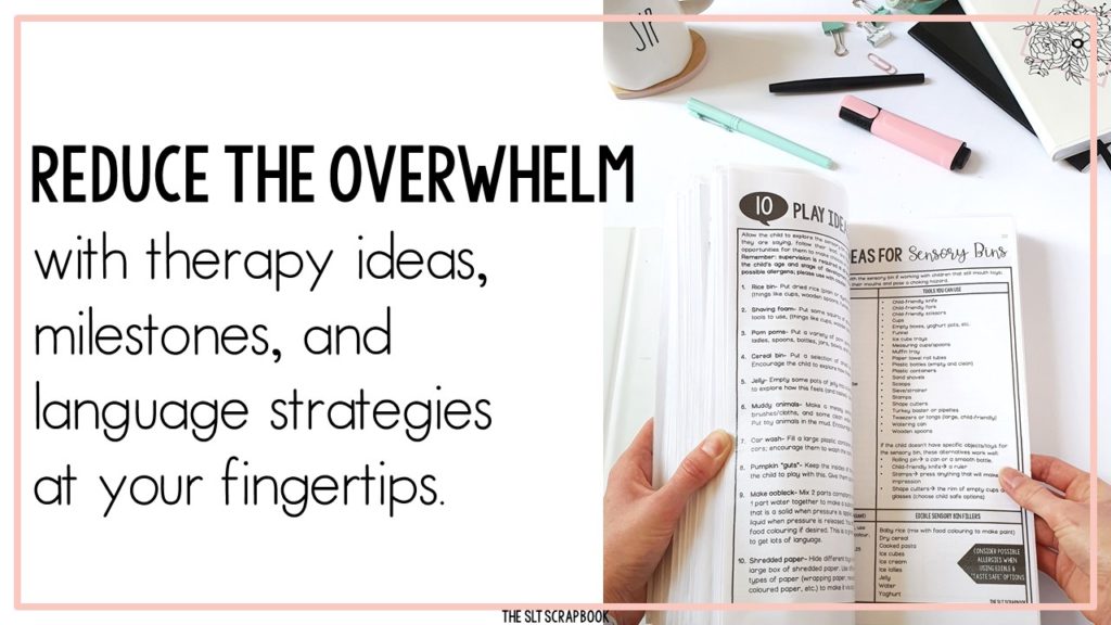 Text on the left reads "Reduce the overwhelm with therapy ideas, milestones, and language strategies at your fingertips". On the right is a picture of the EI Handbook partially open.