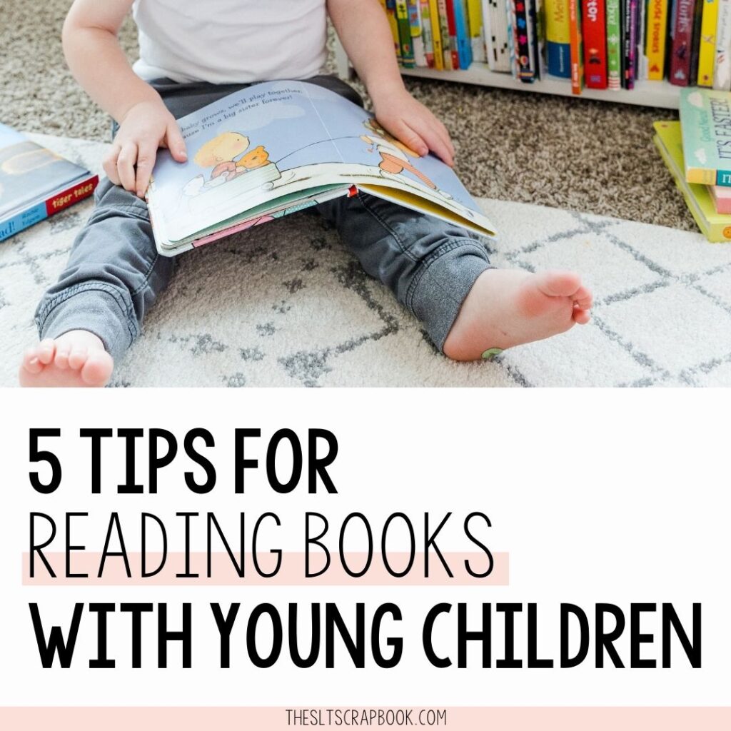 At the top of the image is a child sat on the floor looking at a book. Only the bottom half of their body is visible. The text reads "5 tips for reading book with young children".